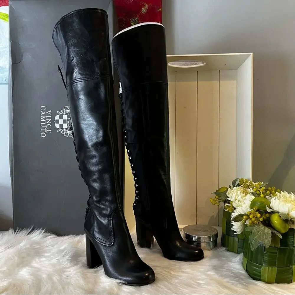 NEW Vince Camuto Corset Calf Leather Laced Tolla Over The Knee Boots Black Sz 6